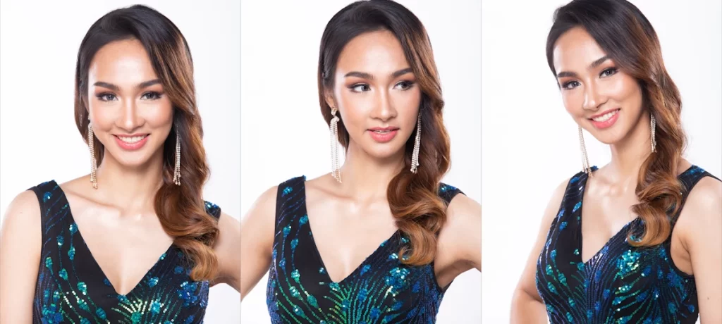 group pack portrait of young slim thai ladyboy wears sequin evening bal