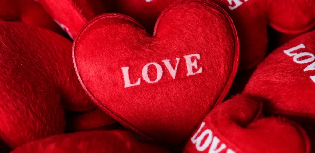 Red heart-shaped pillows with "LOVE" text.