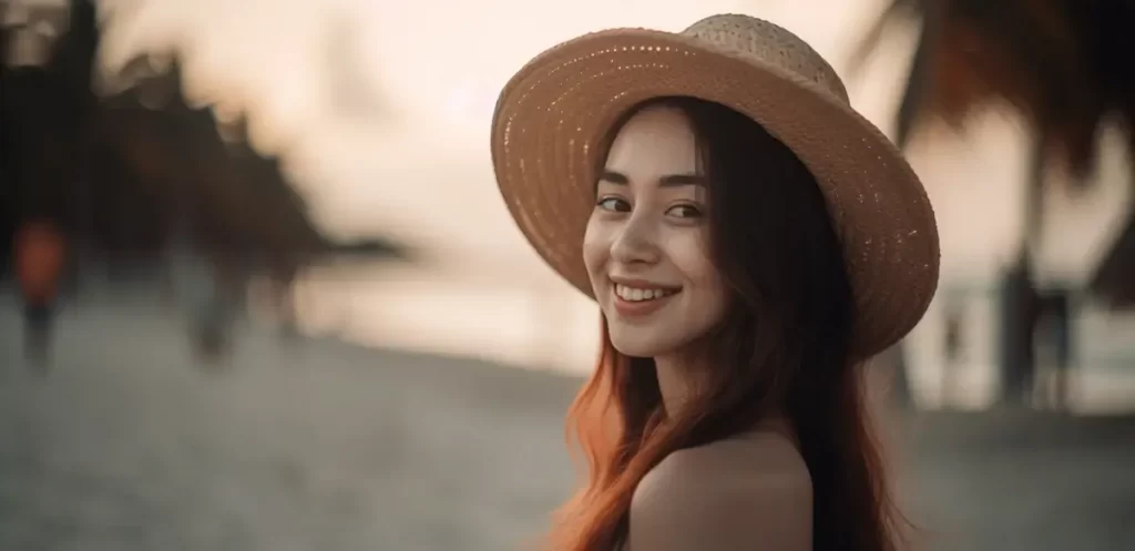 Asian woman-straw-hat-beach