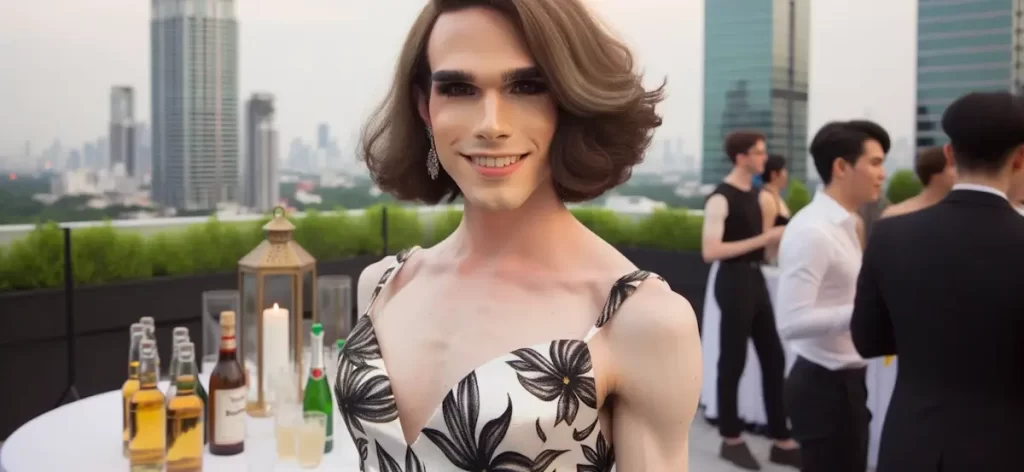 Foto van een transgendervrouw die een cocktailjurk draagt op een feestje op het dak