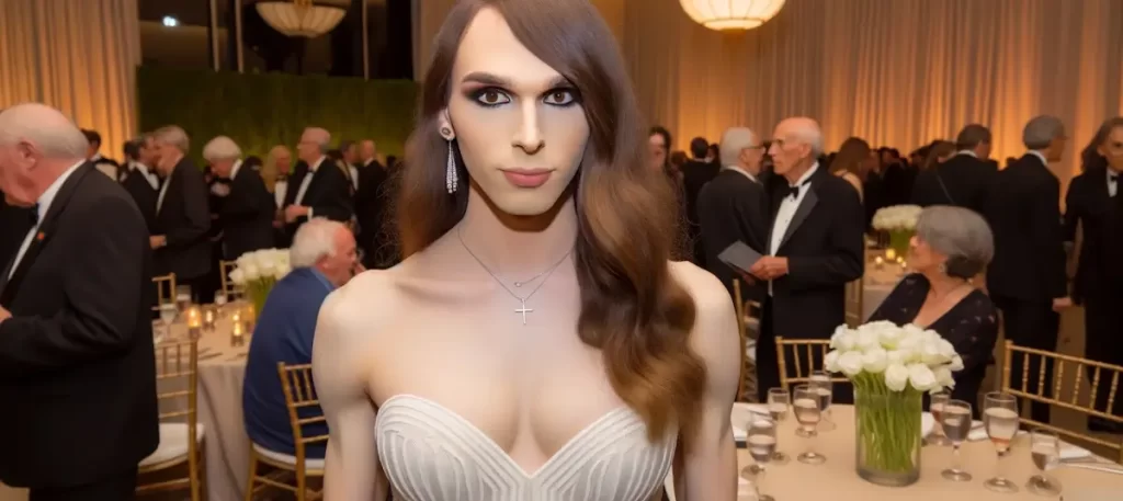Foto van een transgendervrouw die een formele jurk draagt tijdens een elegant evenement