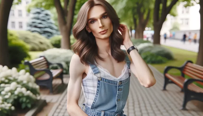 Foto van een transgendervrouw die sierlijk poseert in een casual outfit in een park.