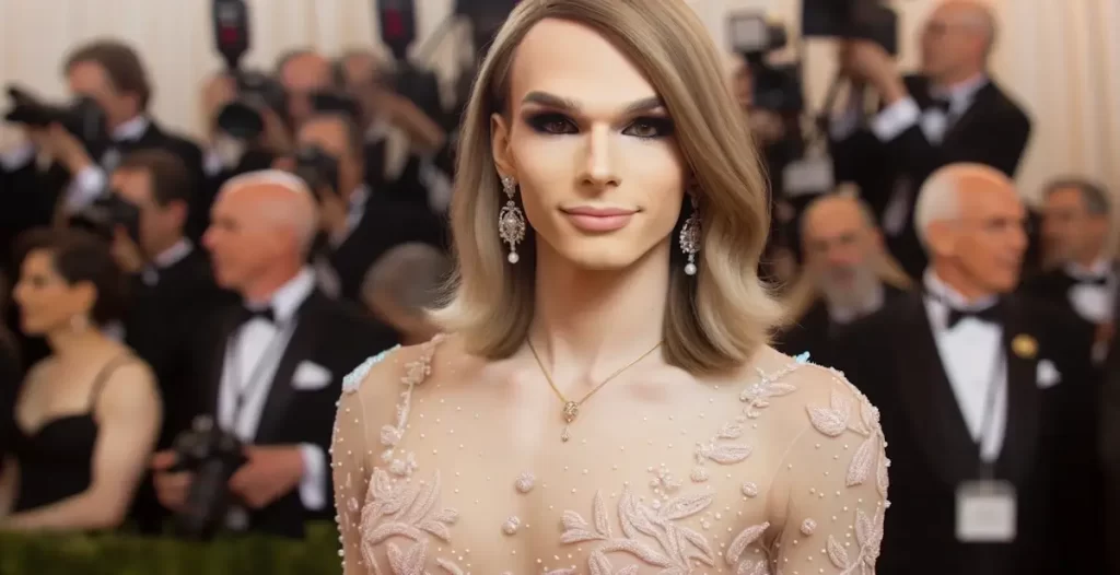 Foto van een transgendervrouw, elegant gekleed in avondkleding op een gala